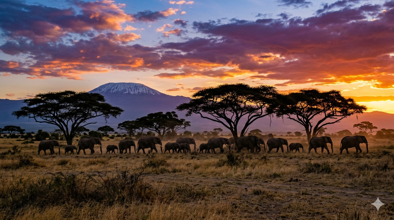 East African savanna at golden hour — elephants beneath acacia trees with Mount Kilimanjaro in the distance
