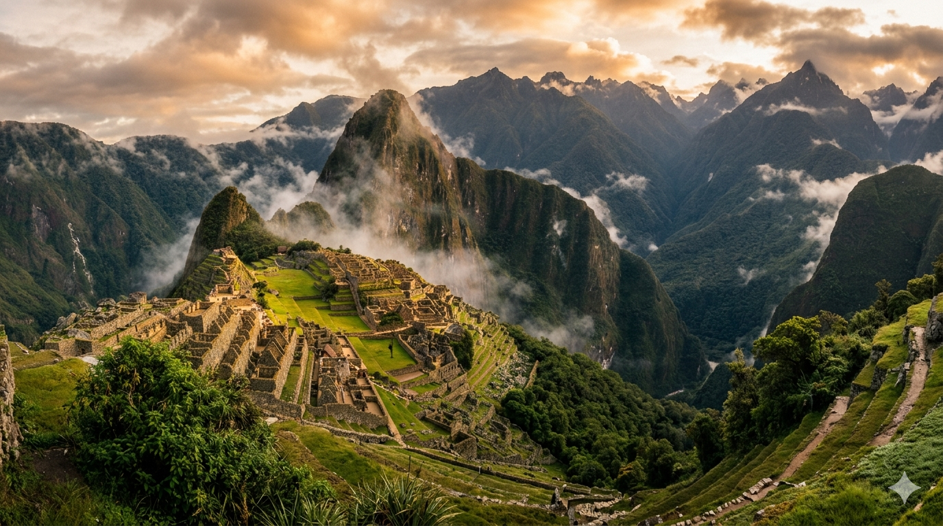 Great Pyramids of Giza silhouetted against a vivid sunset sky, Egyptian desert