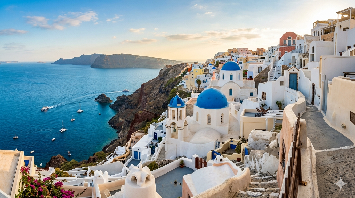 Cinematic international travel scene — golden light, adventure, discovery